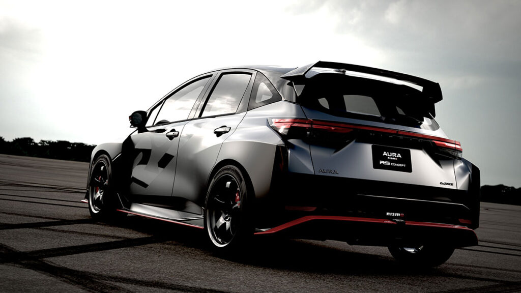 Nissan Aura NISMO RS Concept widebody AWD hot hatch at Tokyo Auto Salon 2026 in Dark Matte NISMO Stealth Gray