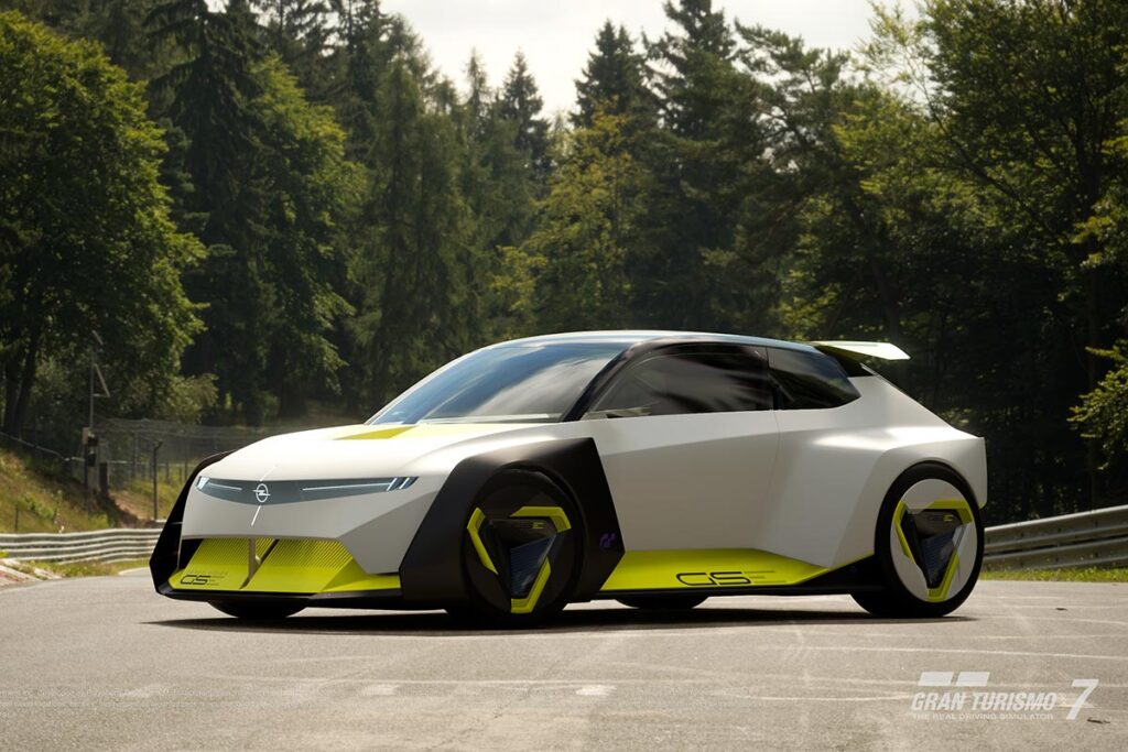Opel Corsa GSE Vision Gran Turismo electric hatchback concept with oversized rear wing and aggressive aerodynamic design