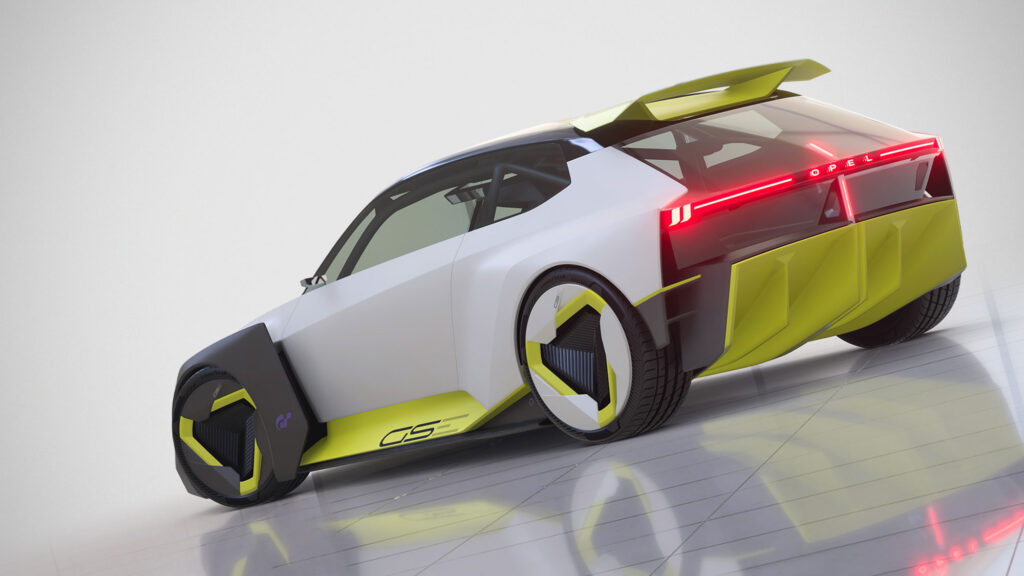 Opel Corsa GSE Vision Gran Turismo electric hatchback concept with oversized rear wing and aggressive aerodynamic design