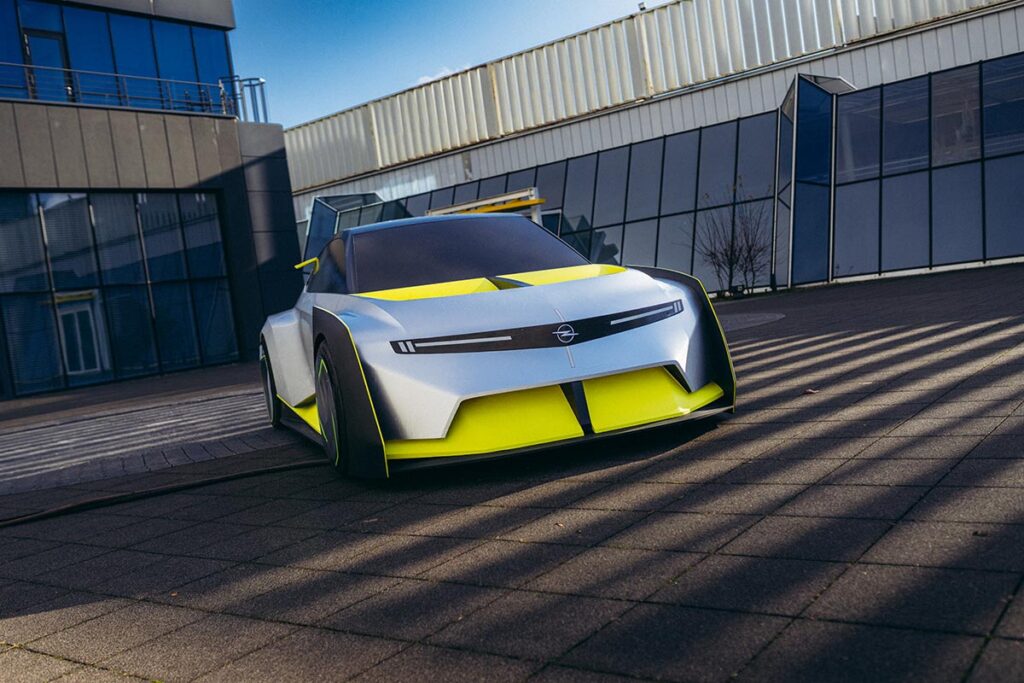 Opel Corsa GSE Vision Gran Turismo electric hatchback concept with oversized rear wing and aggressive aerodynamic design