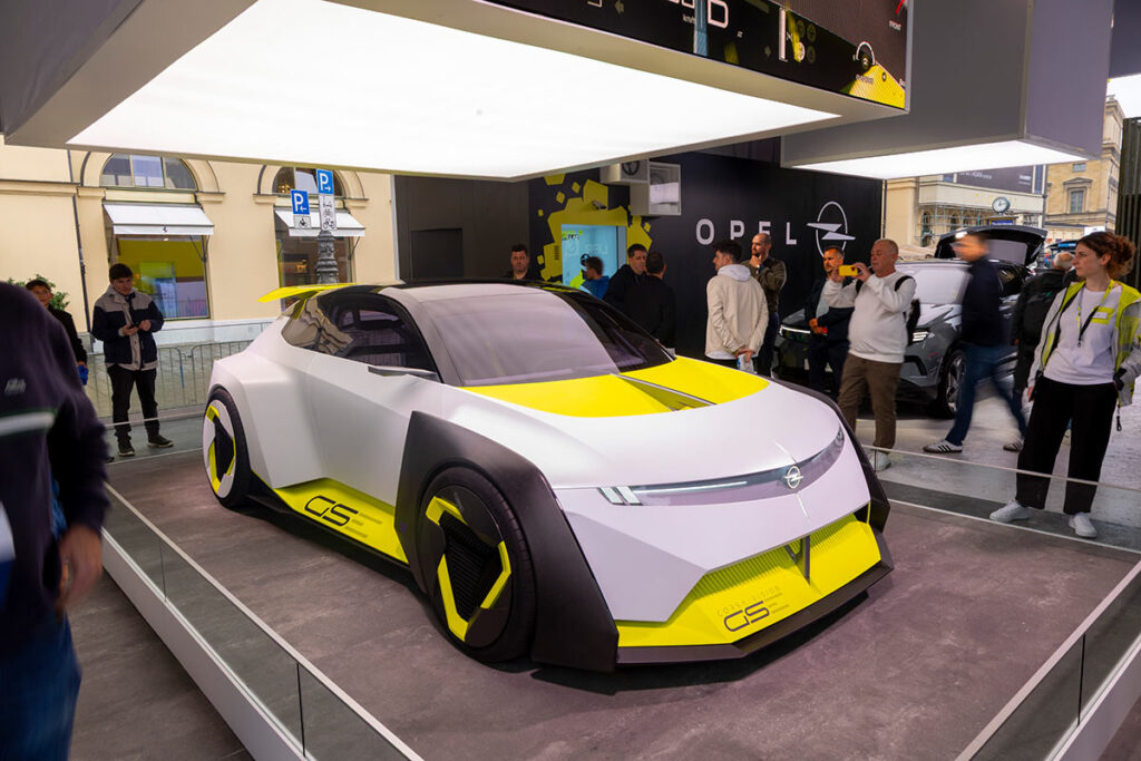 Opel Corsa GSE Vision Gran Turismo electric hatchback concept with oversized rear wing and aggressive aerodynamic design