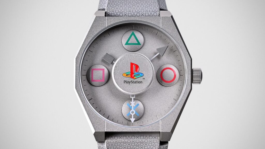 PlayStation x Anicorn 30th Anniversary Mechanical Watch featuring controller icon buttons and PlayStation gray finish