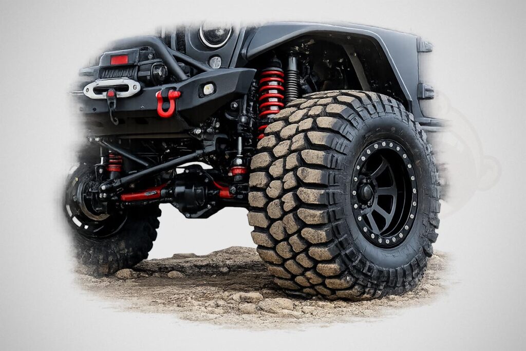 Off-road vehicle running larger tires with suspension modifications on rugged terrain
