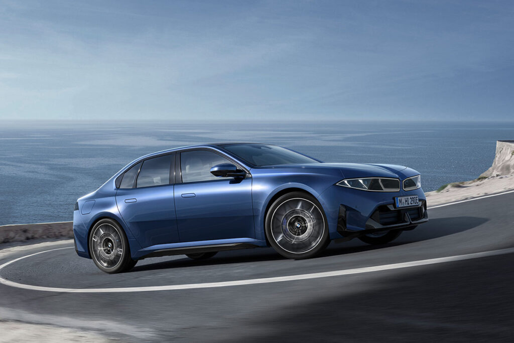 2026 BMW i3 Neue Klasse electric sedan exterior with compressed kidney grille and sporty 3 Series proportions