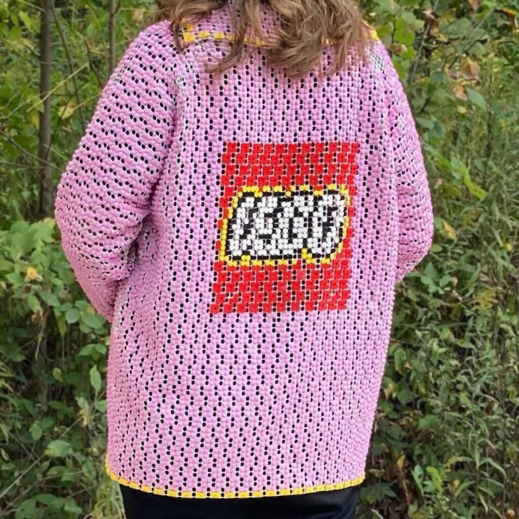 Custom wearable LEGO jacket made from 19000 LEGO pieces created by MOC builder arty_builds