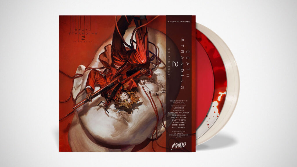 Death Stranding 2 On The Beach Songs From The Video Game 3×LP vinyl soundtrack by Mondo Music with blood red and pearl white records