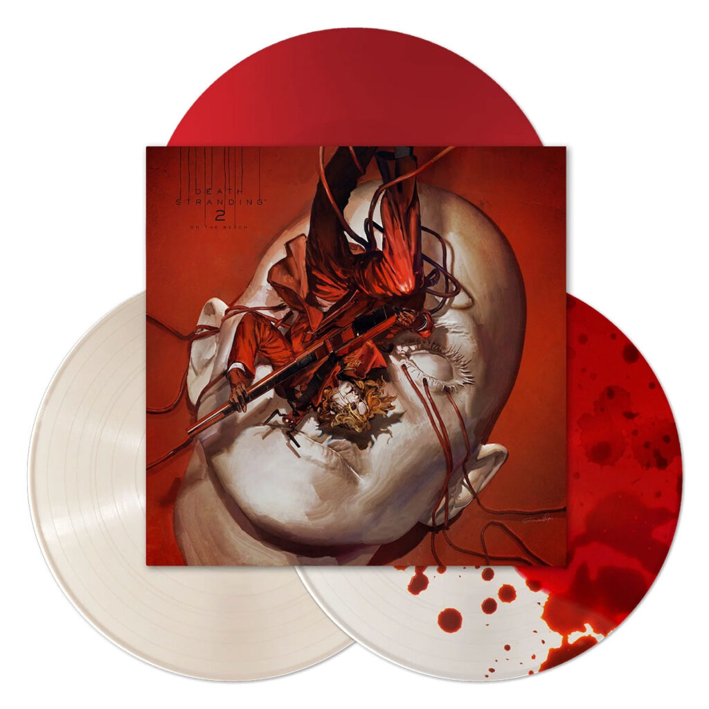Death Stranding 2 On The Beach Songs From The Video Game 3×LP vinyl soundtrack by Mondo Music with blood red and pearl white records