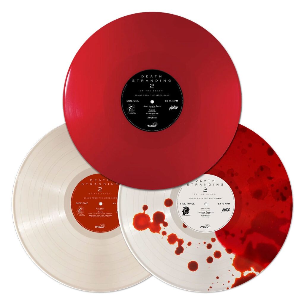 Death Stranding 2 On The Beach Songs From The Video Game 3×LP vinyl soundtrack by Mondo Music with blood red and pearl white records