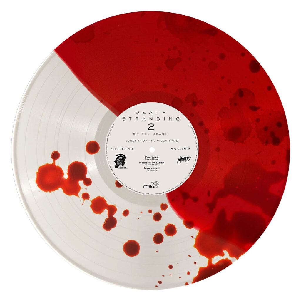 Death Stranding 2 On The Beach Songs From The Video Game 3×LP vinyl soundtrack by Mondo Music with blood red and pearl white records