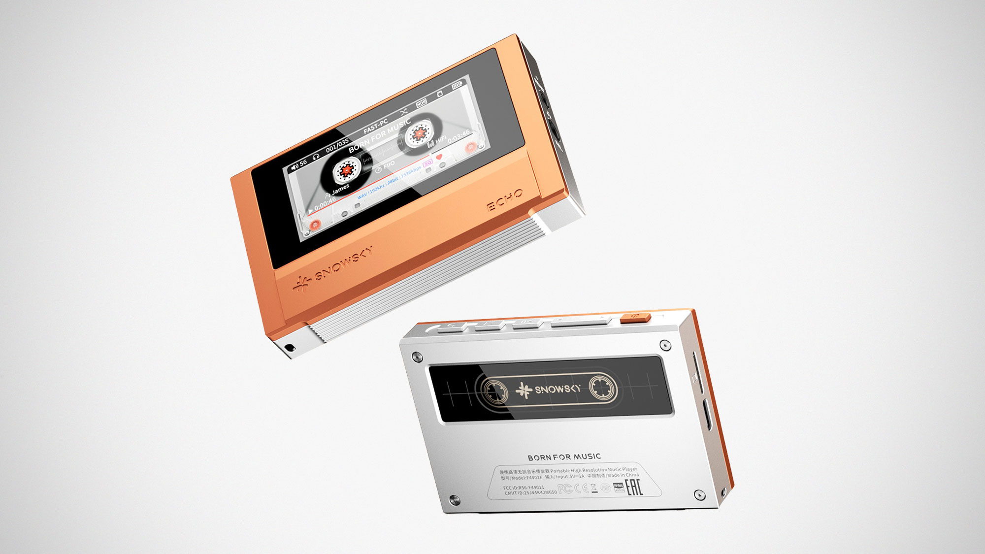 FiiO Snowsky Echo cassette-style portable Hi-Res music player with retro interface display