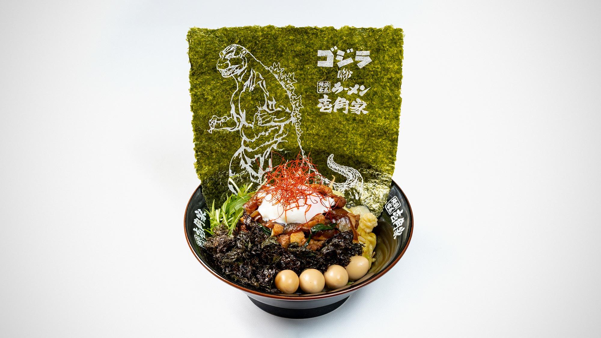 Ikkakuya Godzilla collaboration King Meat-Loaded Soba with printed Godzilla nori limited-time ramen menu