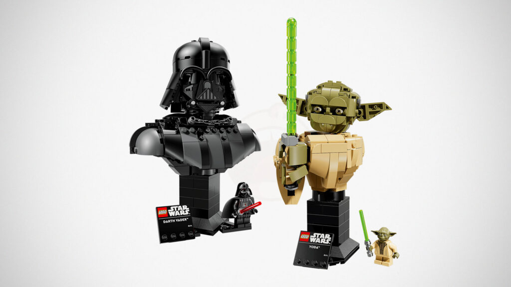 LEGO Star Wars Darth Vader Bust 75439 and Yoda Bust 75438 mini display models with nameplates and minifigures