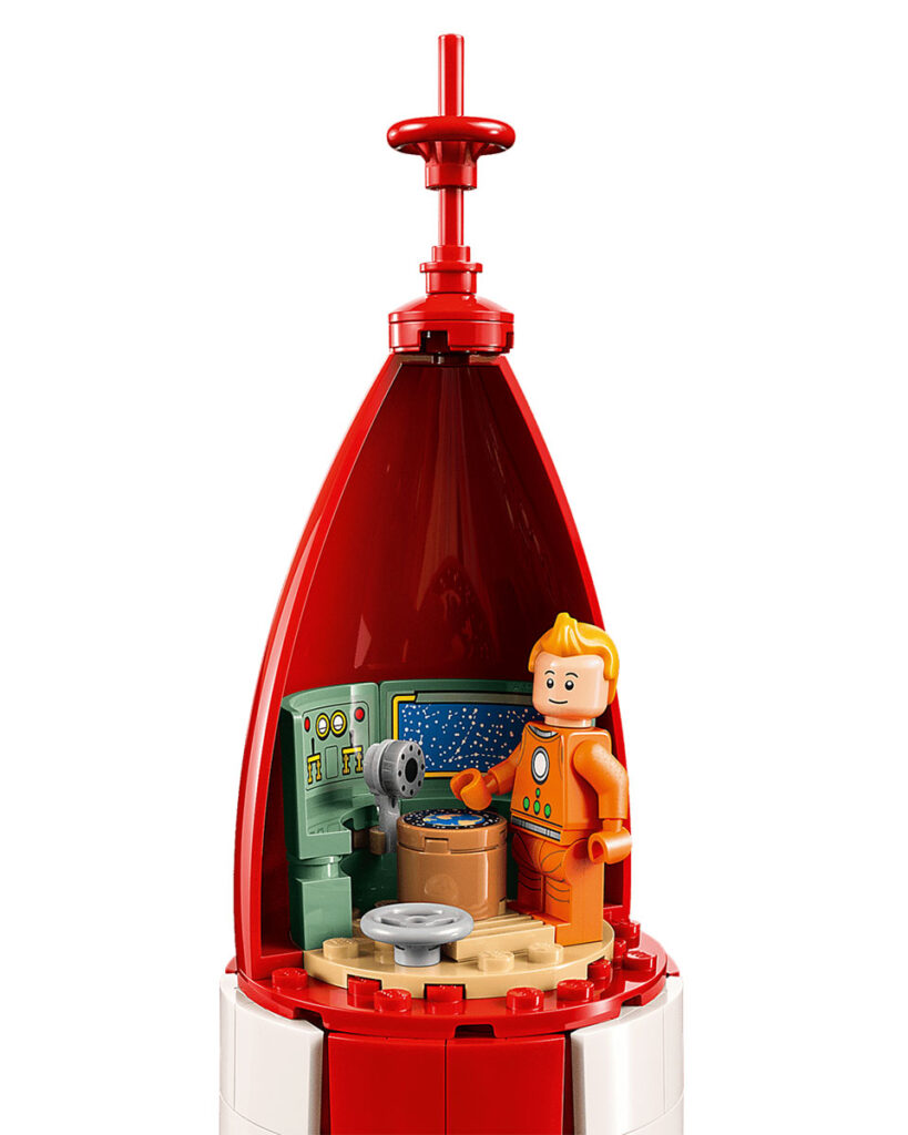 LEGO Ideas Tintin Moon Rocket 21367 red and white checkered rocket with Tintin characters and Snowy figure