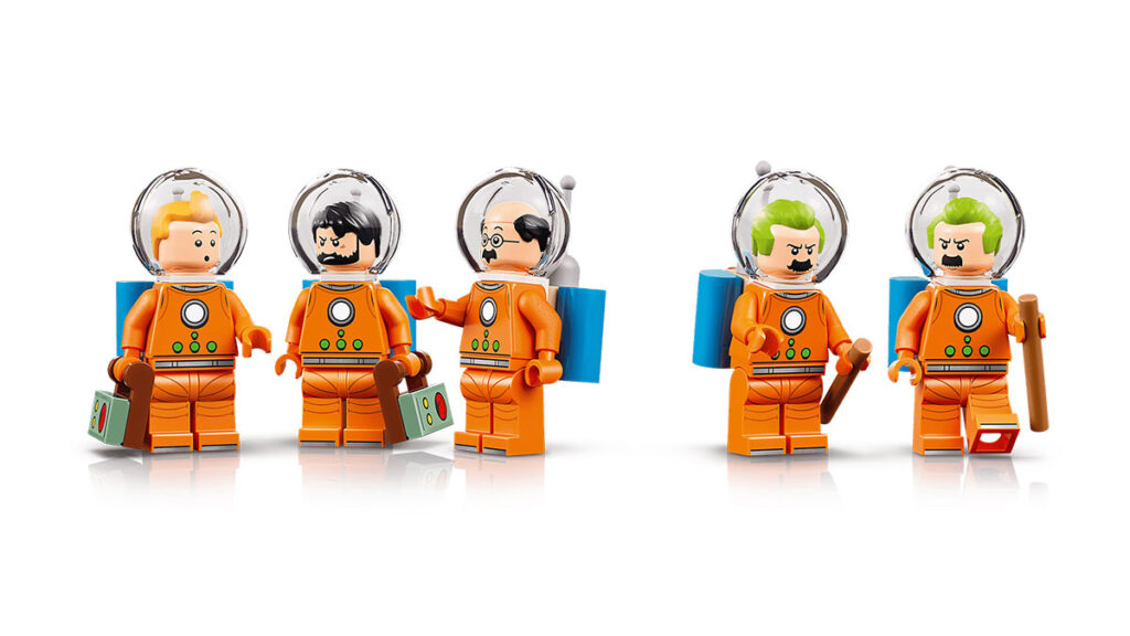 LEGO Ideas Tintin Moon Rocket 21367 red and white checkered rocket with Tintin characters and Snowy figure