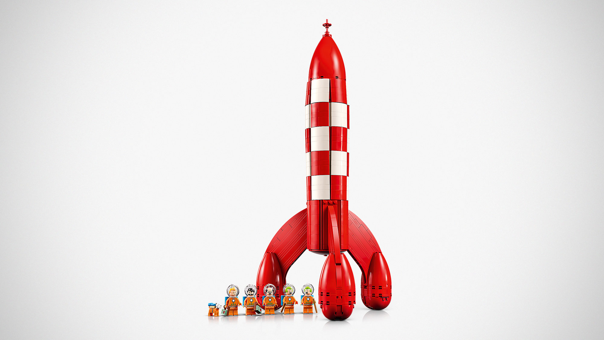 LEGO Ideas Tintin Moon Rocket 21367 red and white checkered rocket with Tintin characters and Snowy figure