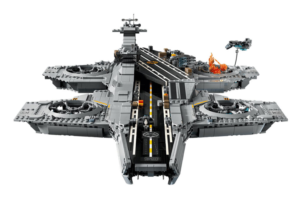 LEGO Marvel S.H.I.E.L.D. Helicarrier 76354 set with Quinjet runway and minifigure display stand