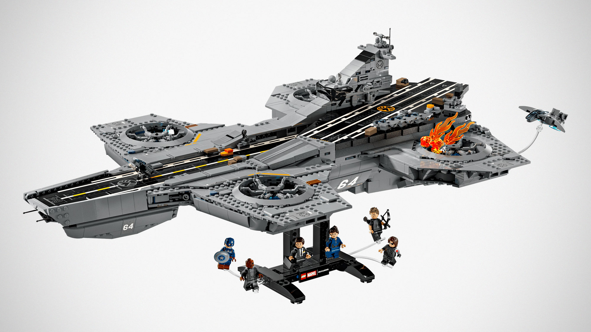 LEGO Marvel S.H.I.E.L.D. Helicarrier 76354 set with Quinjet runway and minifigure display stand