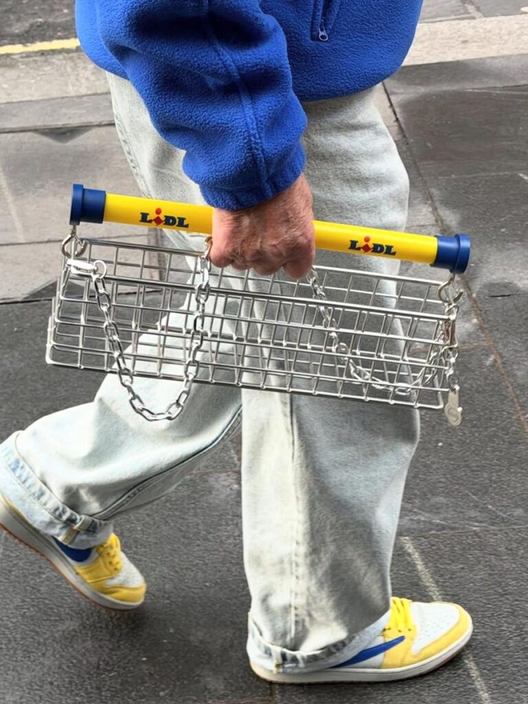 Lidl Trolley Bag stainless steel handbag designed by Nik Bentel Studio inspired by a supermarket shopping trolley