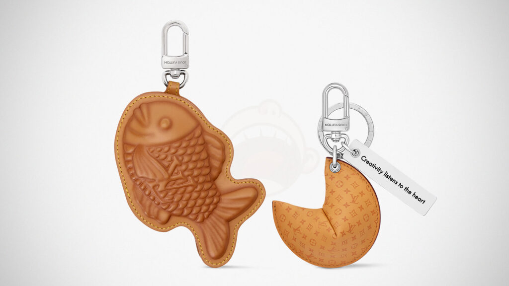 Louis Vuitton Taiyaki bag charm and Fortune Cookie leather keychain with Monogram pattern