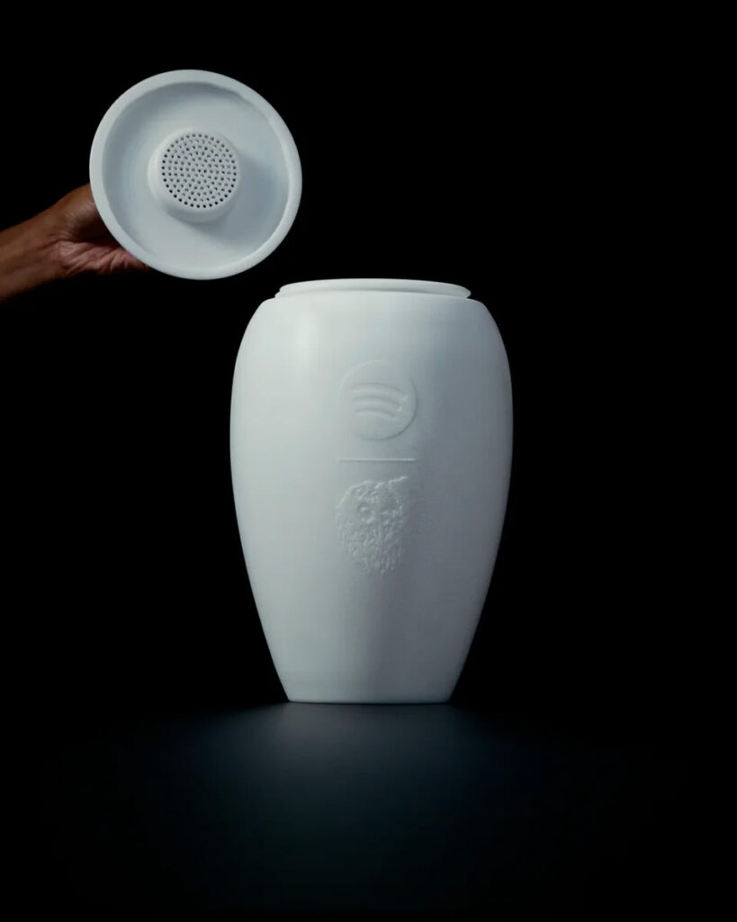 Liquid Death Spotify Eternal Playlist Urn burial urn with built in Bluetooth speaker and minimalist white design