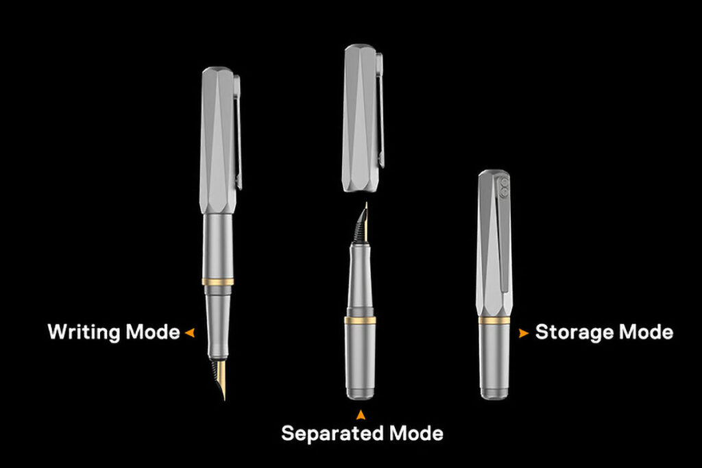 Lumink Ti Pen transforming titanium fountain pen shown in pocket-size and full-length configurations
