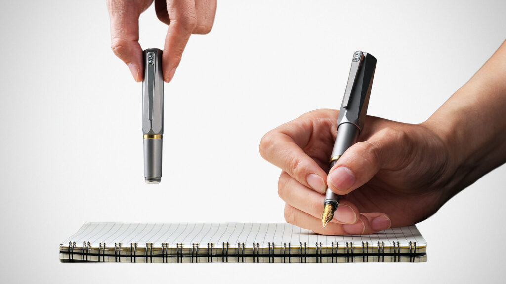 Lumink Ti Pen transforming titanium fountain pen shown in pocket-size and full-length configurations