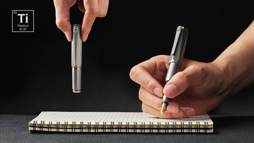 Lumink Ti Pen transforming titanium fountain pen shown in pocket-size and full-length configurations