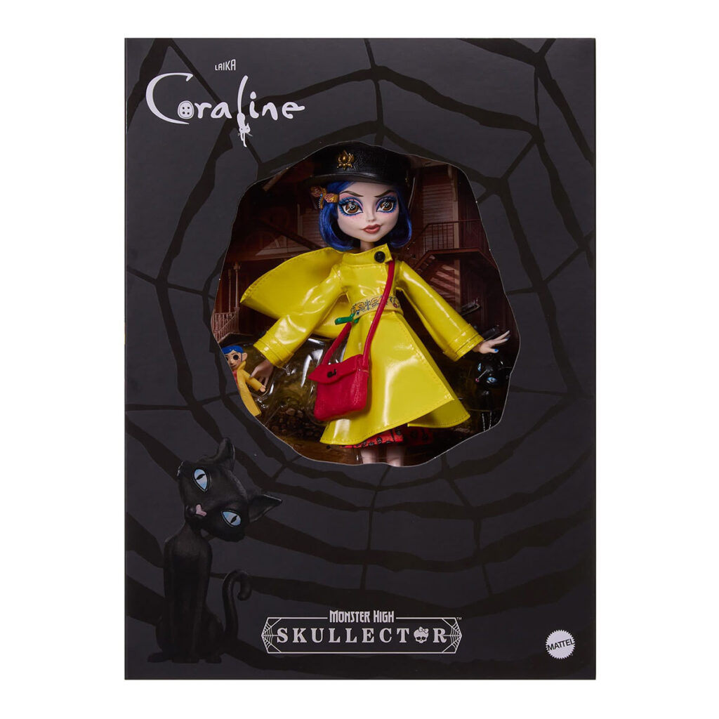 Monster High Skullector Coraline doll wearing yellow raincoat with rag doll and cat accessories