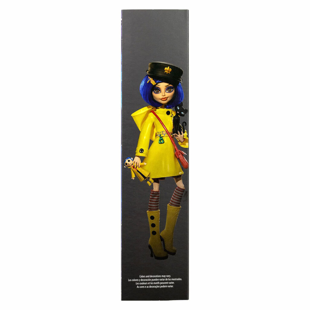 Monster High Skullector Coraline doll wearing yellow raincoat with rag doll and cat accessories