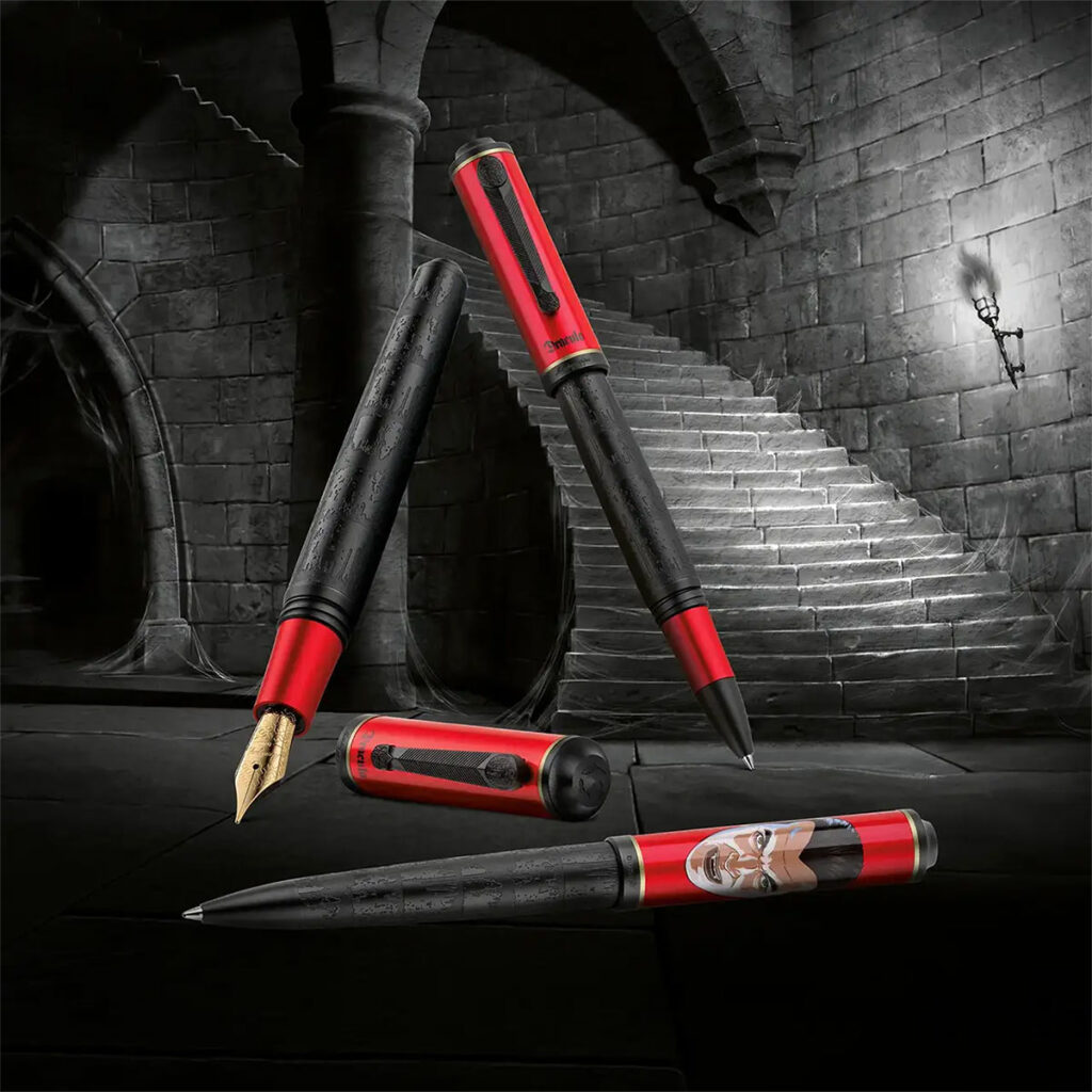 Three classic horror icons return as detailed writing instruments, bringing gothic style and monster lore to fountain pens, rollerballs, and ballpoints.