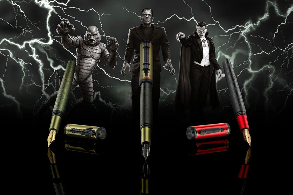 Three classic horror icons return as detailed writing instruments, bringing gothic style and monster lore to fountain pens, rollerballs, and ballpoints.