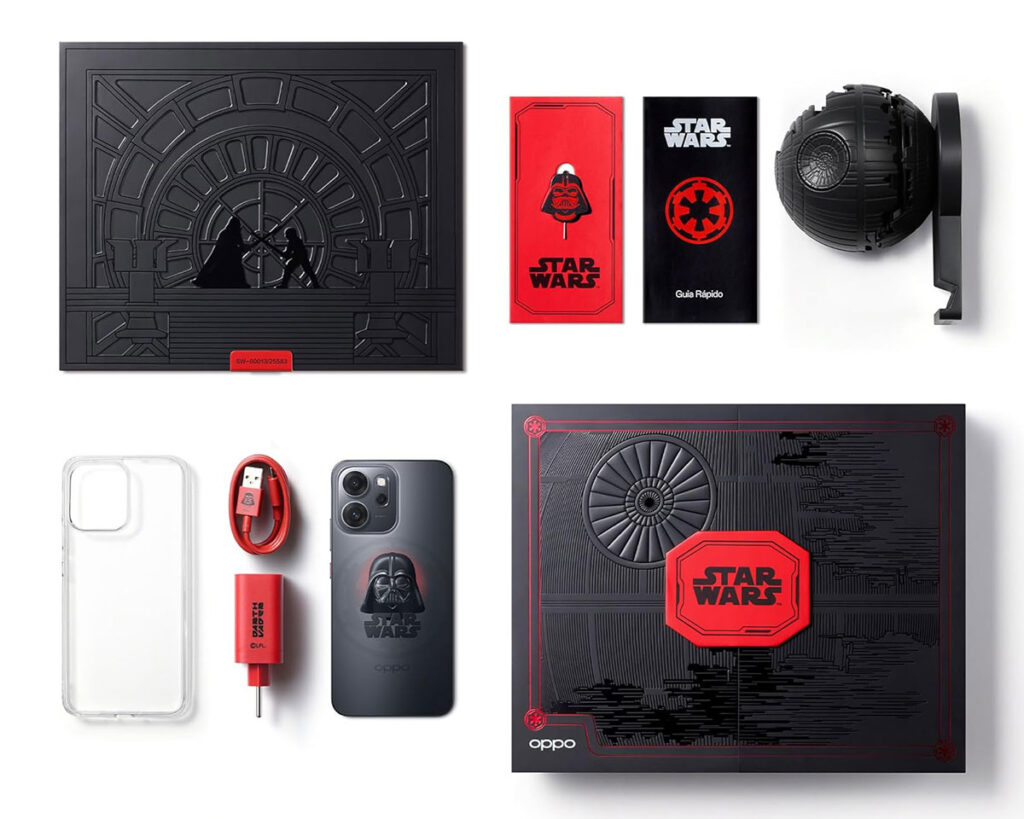 Oppo Reno 14 F Dark Side Edition smartphone with Darth Vader design and Star Wars packaging