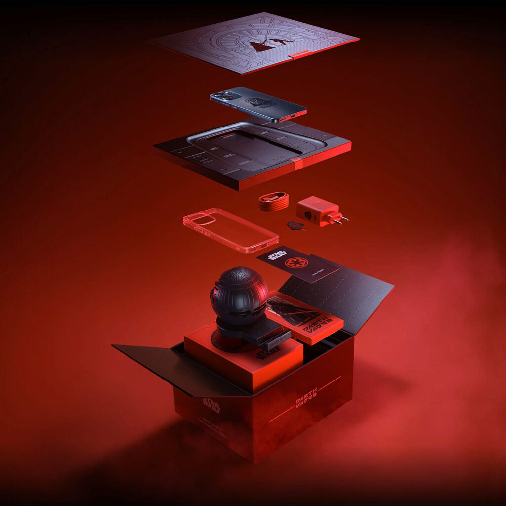 Oppo Reno 14 F Dark Side Edition smartphone with Darth Vader design and Star Wars packaging