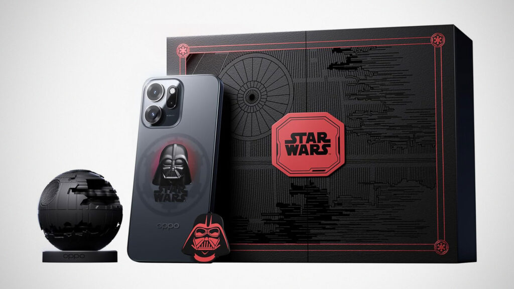 Oppo Reno 14 F Dark Side Edition smartphone with Darth Vader design and Star Wars packaging