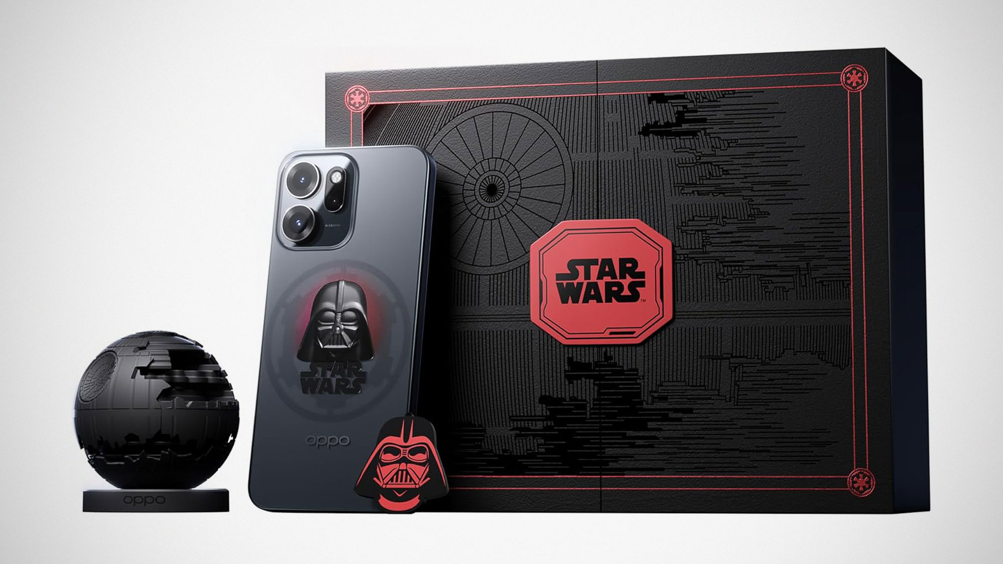 Oppo Reno 14 F Dark Side Edition smartphone with Darth Vader design and Star Wars packaging