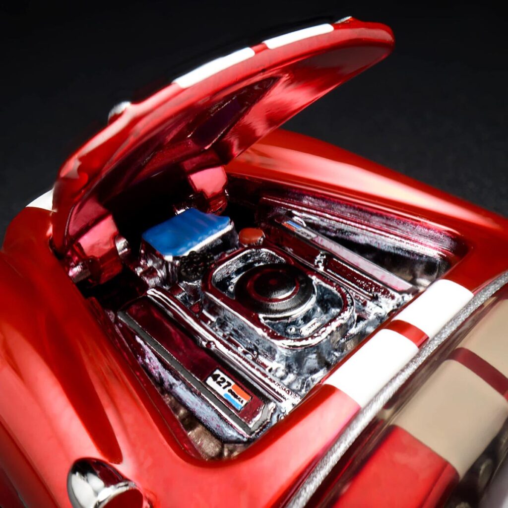 Hot Wheels Red Line Club 1965 Shelby Cobra 427 S/C in Spectraflame red with opening hood and Real Riders wheels