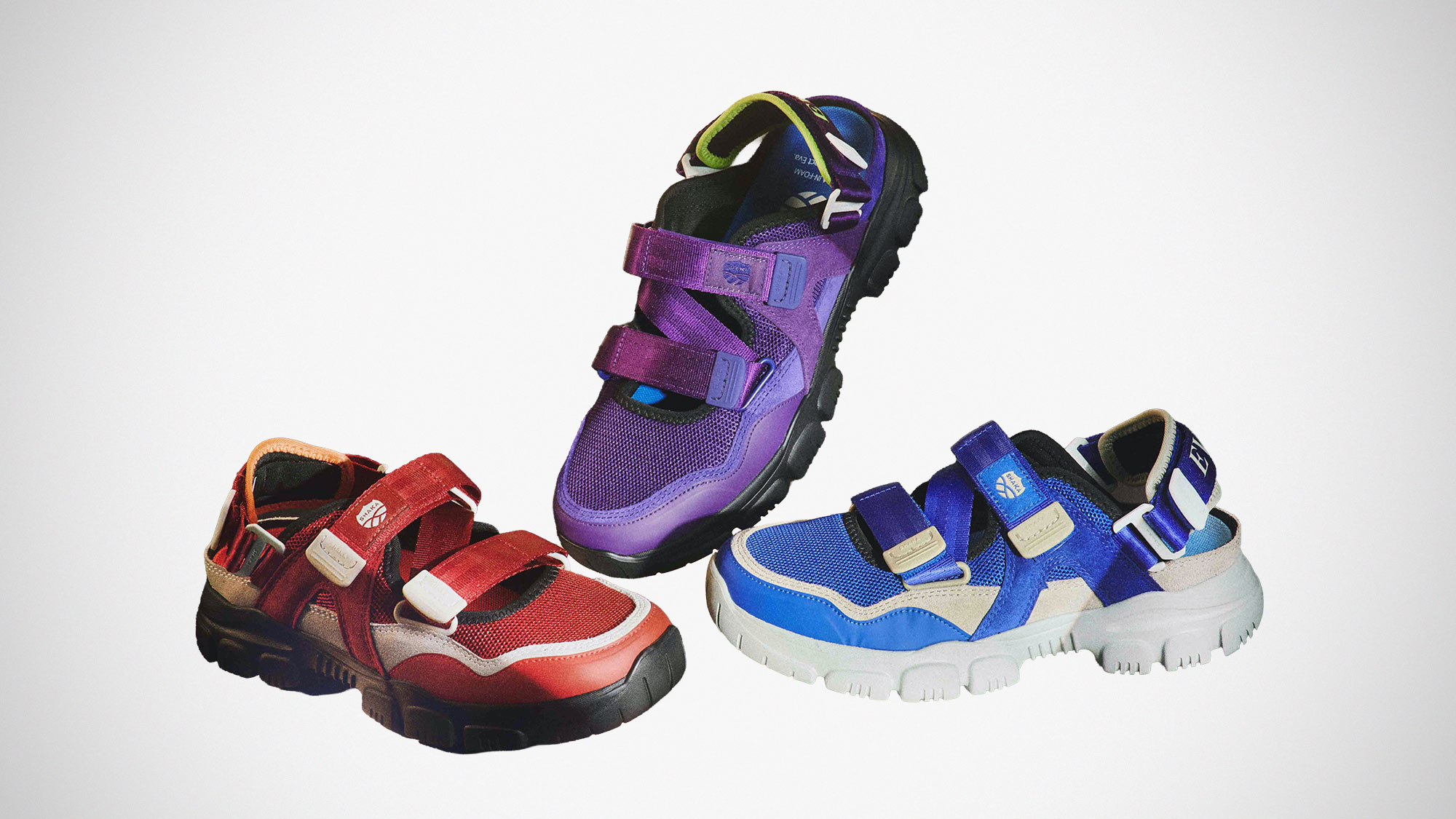 SHAKA Otter Trail AT Second Way For Evangelion sneaker sandal collaboration in EVA-00 EVA-01 and EVA-02 colorways
