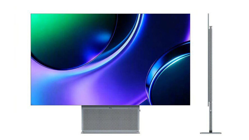 TCL 32X3A gaming monitor with ultra-wide Bang and Olufsen speaker stand and 31.5-inch 4K OLED display