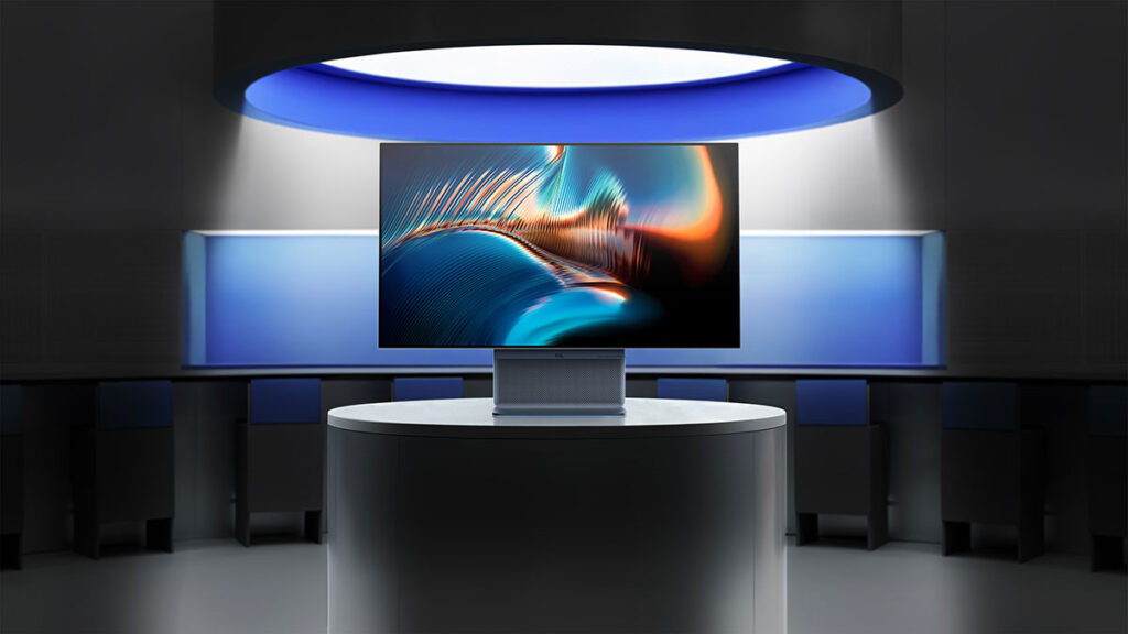 TCL 32X3A gaming monitor with ultra-wide Bang and Olufsen speaker stand and 31.5-inch 4K OLED display