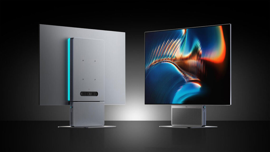 TCL 32X3A gaming monitor with ultra-wide Bang and Olufsen speaker stand and 31.5-inch 4K OLED display