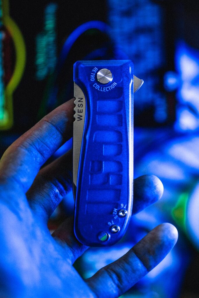 WESN Retro Collection Allman and Microblade knives with translucent Arcadite handles and WESNBoy keychain console