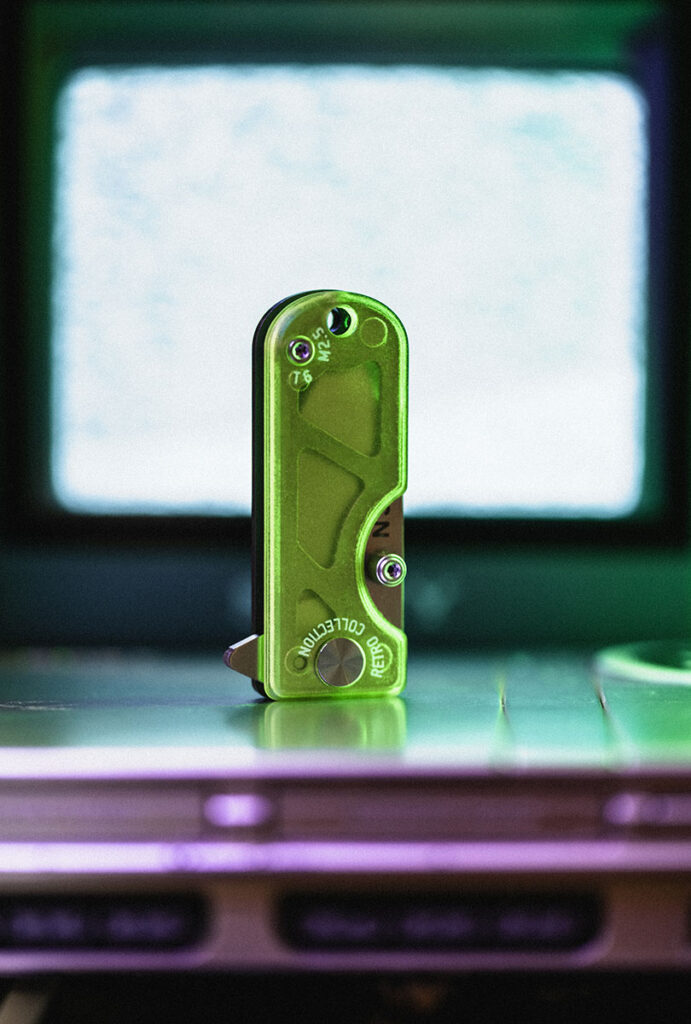 WESN Retro Collection Allman and Microblade knives with translucent Arcadite handles and WESNBoy keychain console