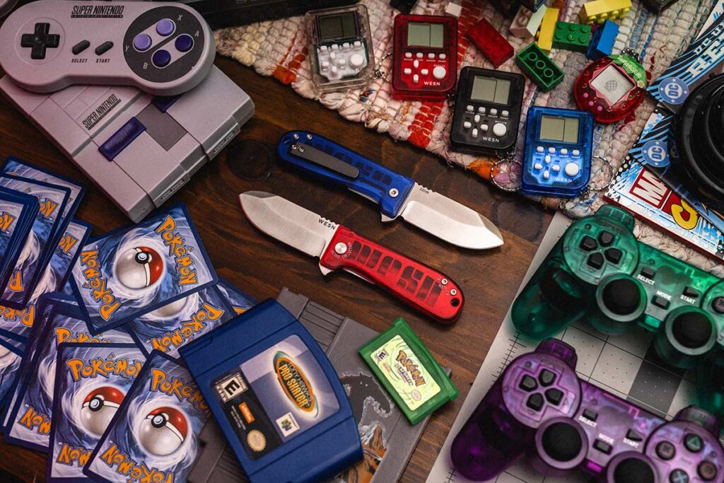 WESN Retro Collection Allman and Microblade knives with translucent Arcadite handles and WESNBoy keychain console