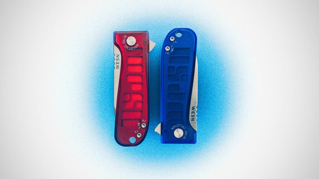 WESN Retro Collection Allman and Microblade knives with translucent Arcadite handles and WESNBoy keychain console
