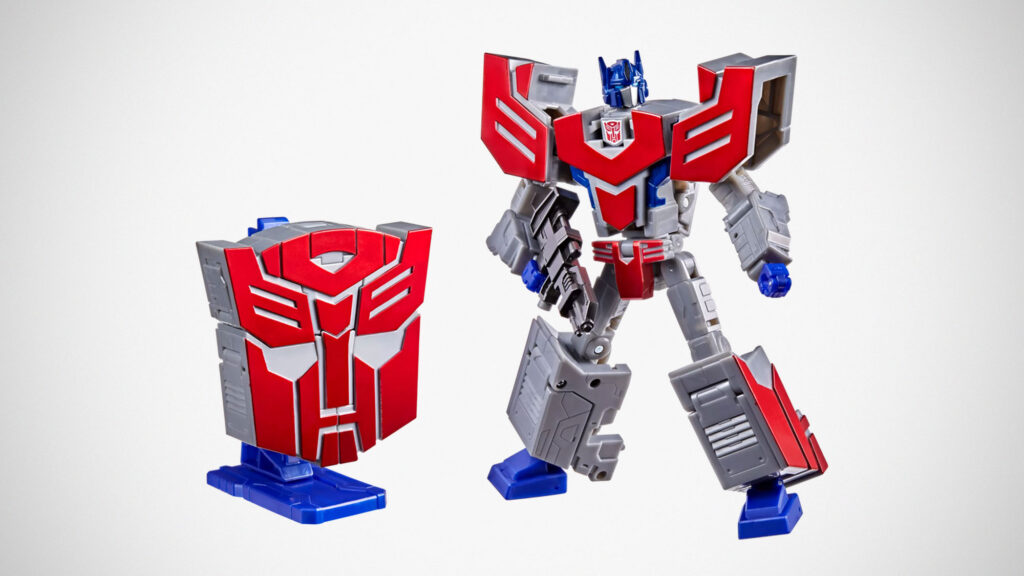 Transformers Icons Optimus Prime figure converting into Autobot logo display mode with stand and blaster accessory