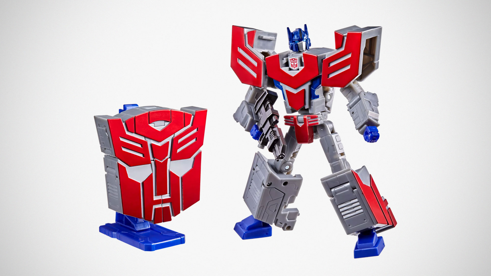 Transformers Icons Optimus Prime figure converting into Autobot logo display mode with stand and blaster accessory