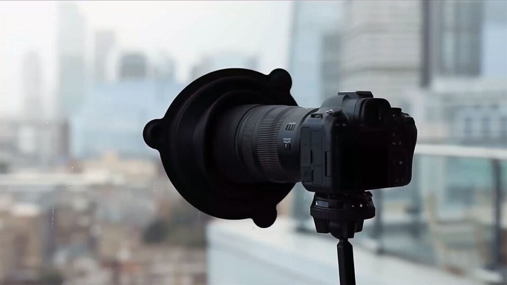 Ultimate Lens Hood ULHpro silicone hood attached to camera lens for shooting through glass without reflections