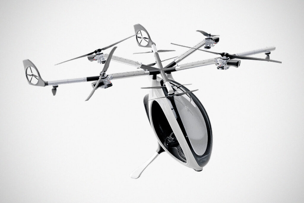 Zapata Airscooter hybrid electric personal aircraft ultralight VTOL with rotor arms and pod cockpit