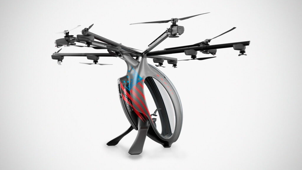 Zapata Airscooter hybrid electric personal aircraft ultralight VTOL with rotor arms and pod cockpit