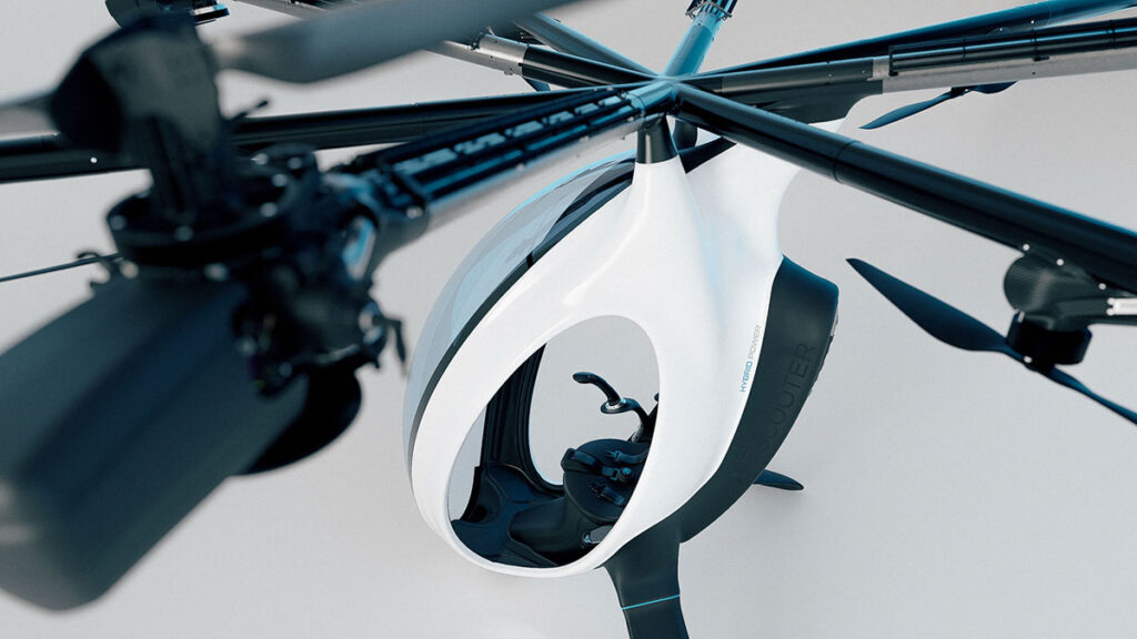 Zapata Airscooter hybrid electric personal aircraft ultralight VTOL with rotor arms and pod cockpit